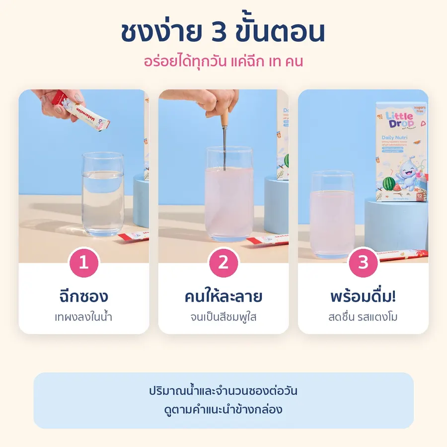 วิธีชง 3 ขั้นตอน: ฉีกซอง เทผงลงในน้ำ คนให้ละลาย พร้อมดื่ม
